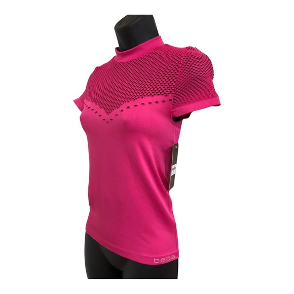 Bebe hot pink mesh rhinestone bebe logo scuba fit stretch active top size XS/S - Picture 1 of 14